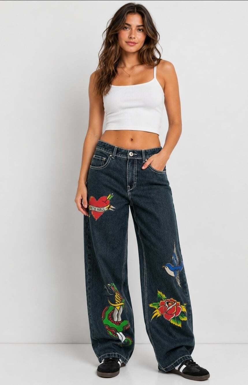 Ninth Hall Idle Blue Wash Straight Leg Jeans Tattoo Designs Size 16 NWT T70